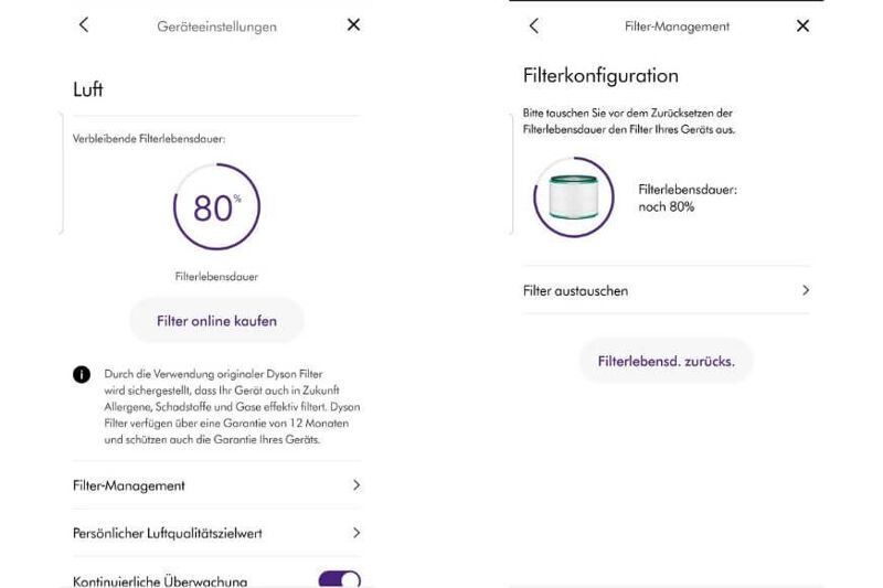 Im Filtermanagement erhältst Du Informationen zum Filtertyp und zur restlichen Lebensdauer der Dyson Pure Cool Link TP02 Filtereinheit.
